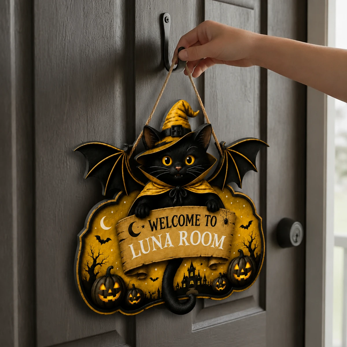 Halloween Cat Door Sign Custom Text, Witch Hat Black Cat Bat Decoration with Purple Night Scene, Spooky Wall Hanging Decor for Door, Room & Home
