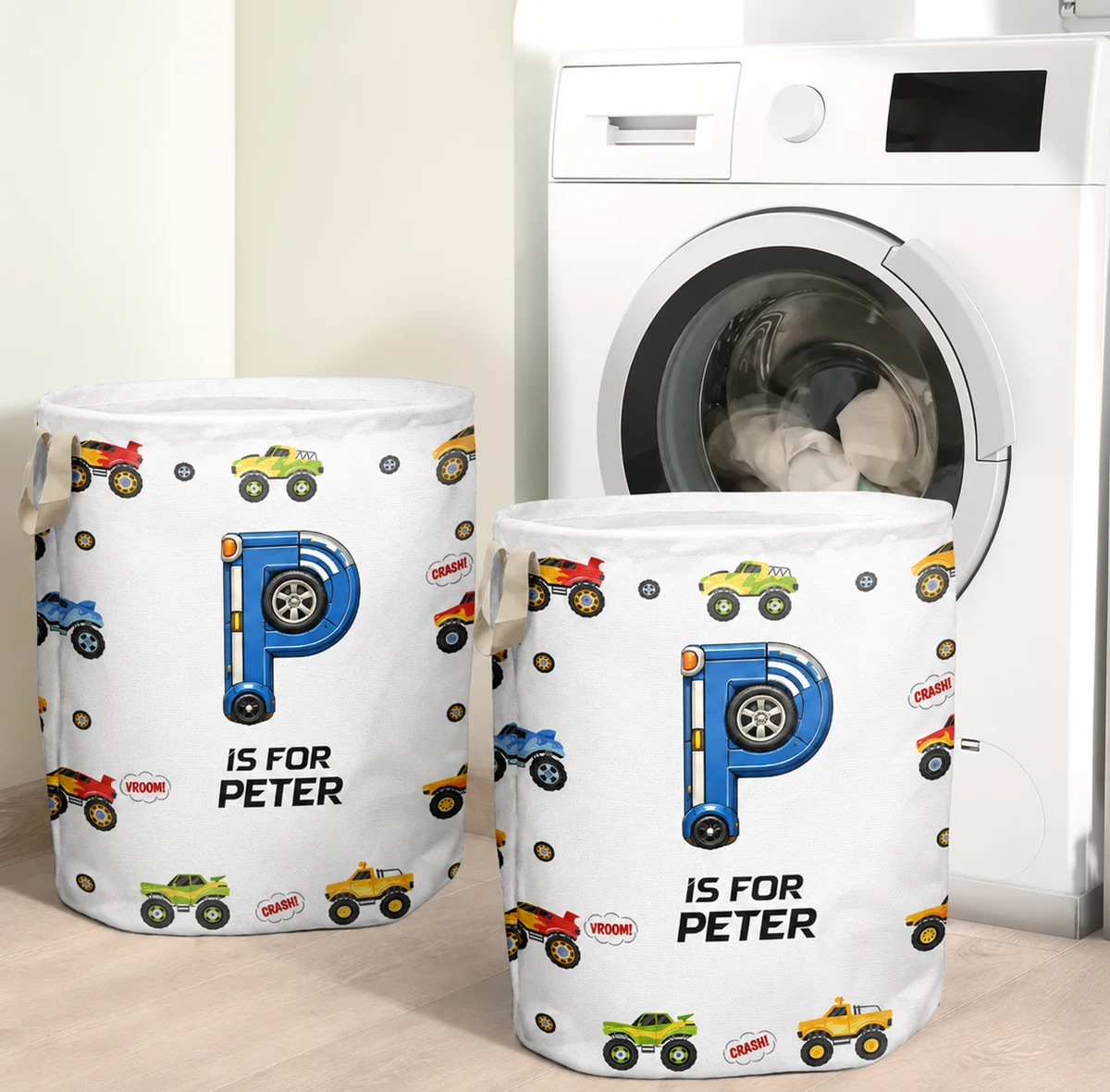 Kid Monster Truck Toy Container Monogram Initial - Personalized Laundry Basket, Storage Basket