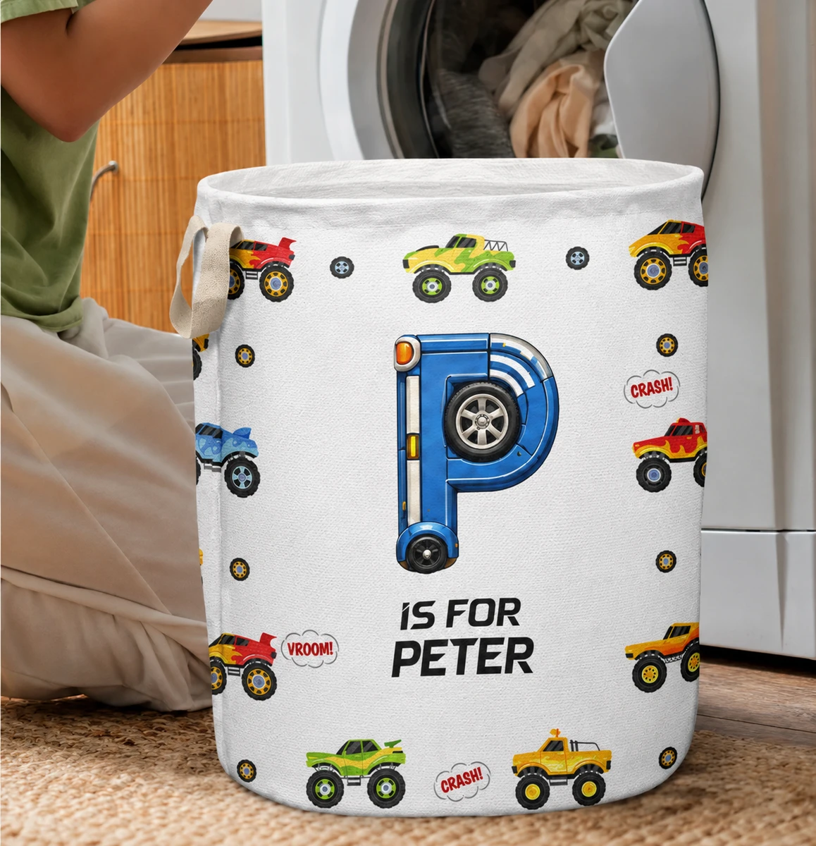 Kid Monster Truck Toy Container Monogram Initial - Personalized Laundry Basket, Storage Basket