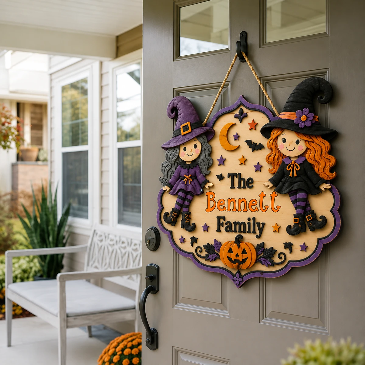 Personalized Witch Halloween Door Sign, Custom Family Name Wooden Welcome Plaque with Witch Hats, Bats & Pumpkin Candy Basket, Spooky Home Decor Gift