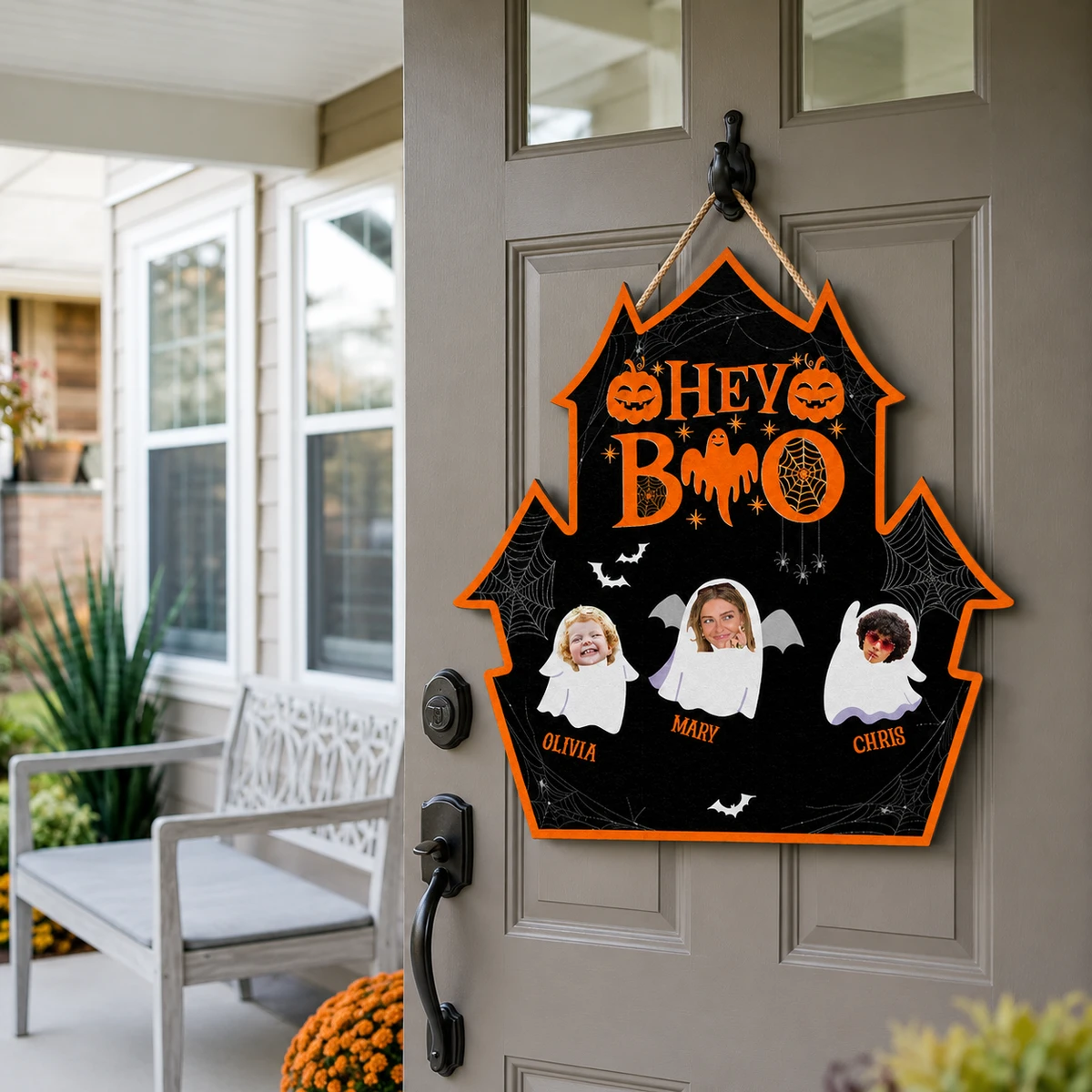 Personalized Halloween Door Sign Custom Photo Name, Hey Boo Ghost Family Welcome Sign, Spooky Bat Pumpkin Web Decor, Front Door Hanging Decoration, Halloween Gift