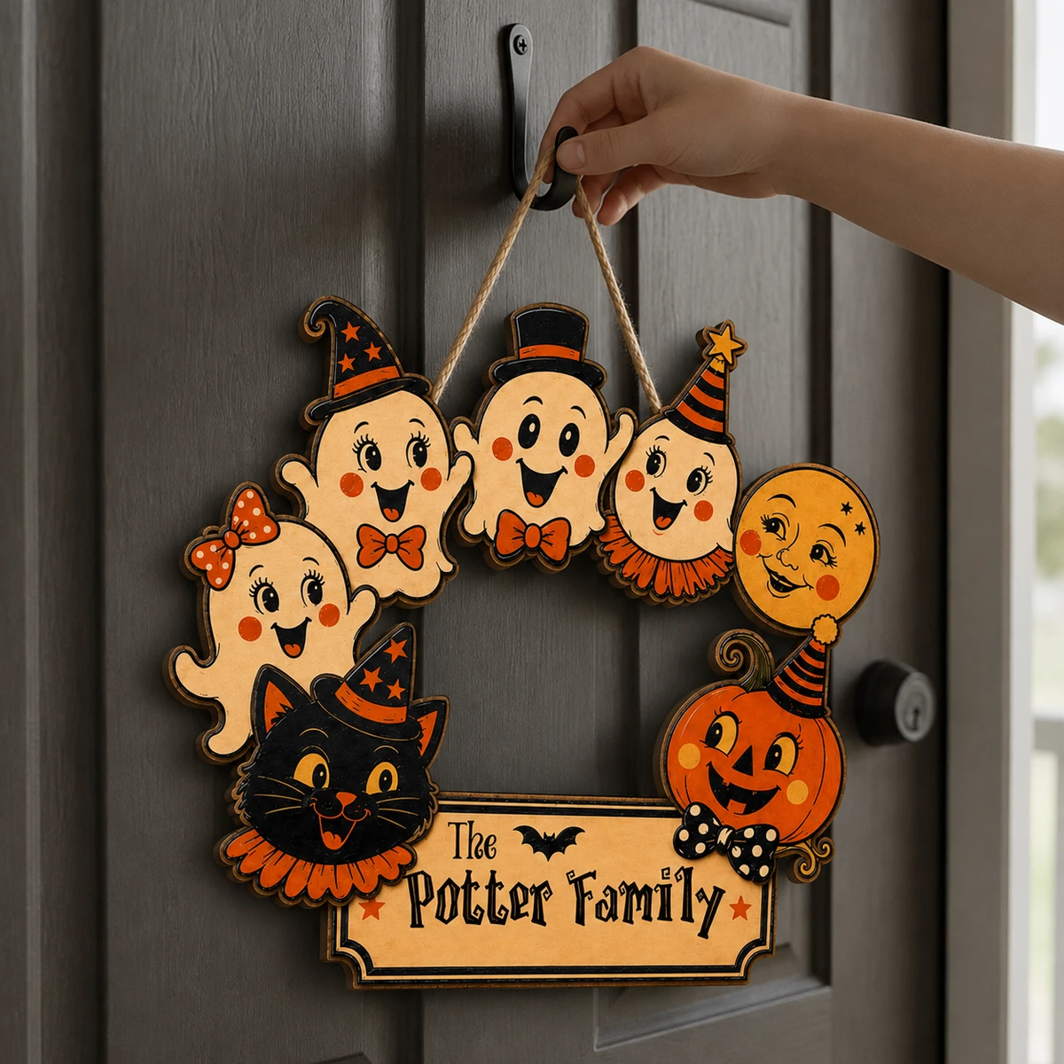Halloween Family Door Sign Personalized Name, Adorable Ghosts Witch Cat Pumpkin Decoration, Rustic Haunted Welcome Plaque for Front Door & Wall, Halloween Gift