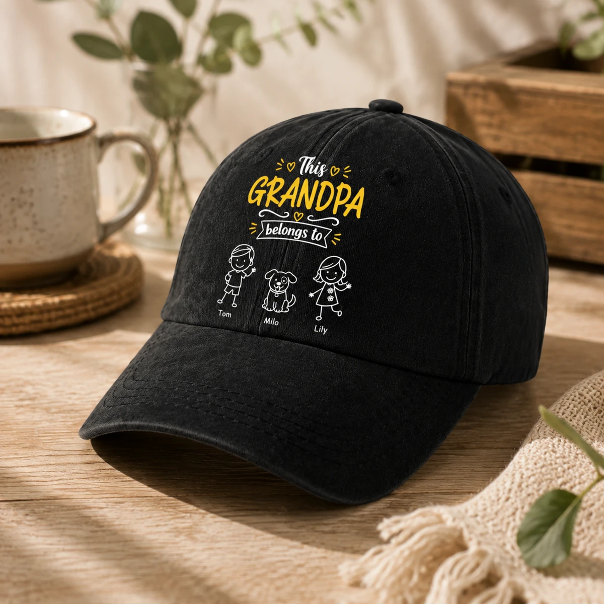 Washed Denim Baseball Cap with Stick-Figure Grandkids Art, Vintage Adjustable, Breathable - a Unique Gift for Grandpa