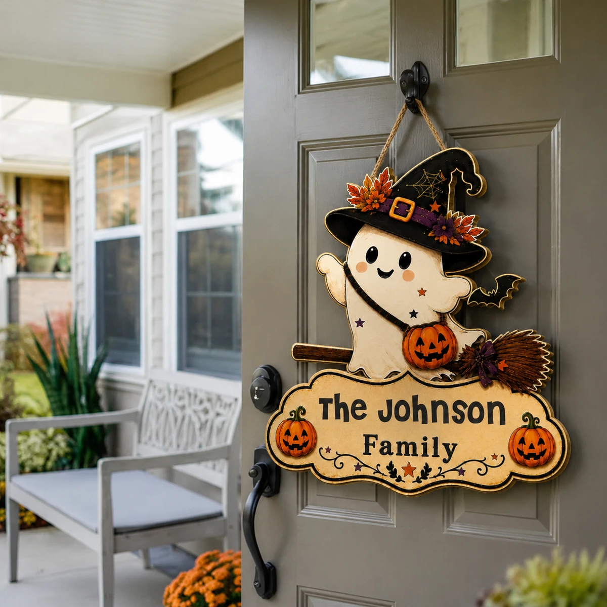 Custom Halloween Door Sign Personalized Family Name, Witch Ghost Welcome Plaque with Pumpkin, Broom & Bat Details, Front Door Wall Hanging Decor, Halloween Gift