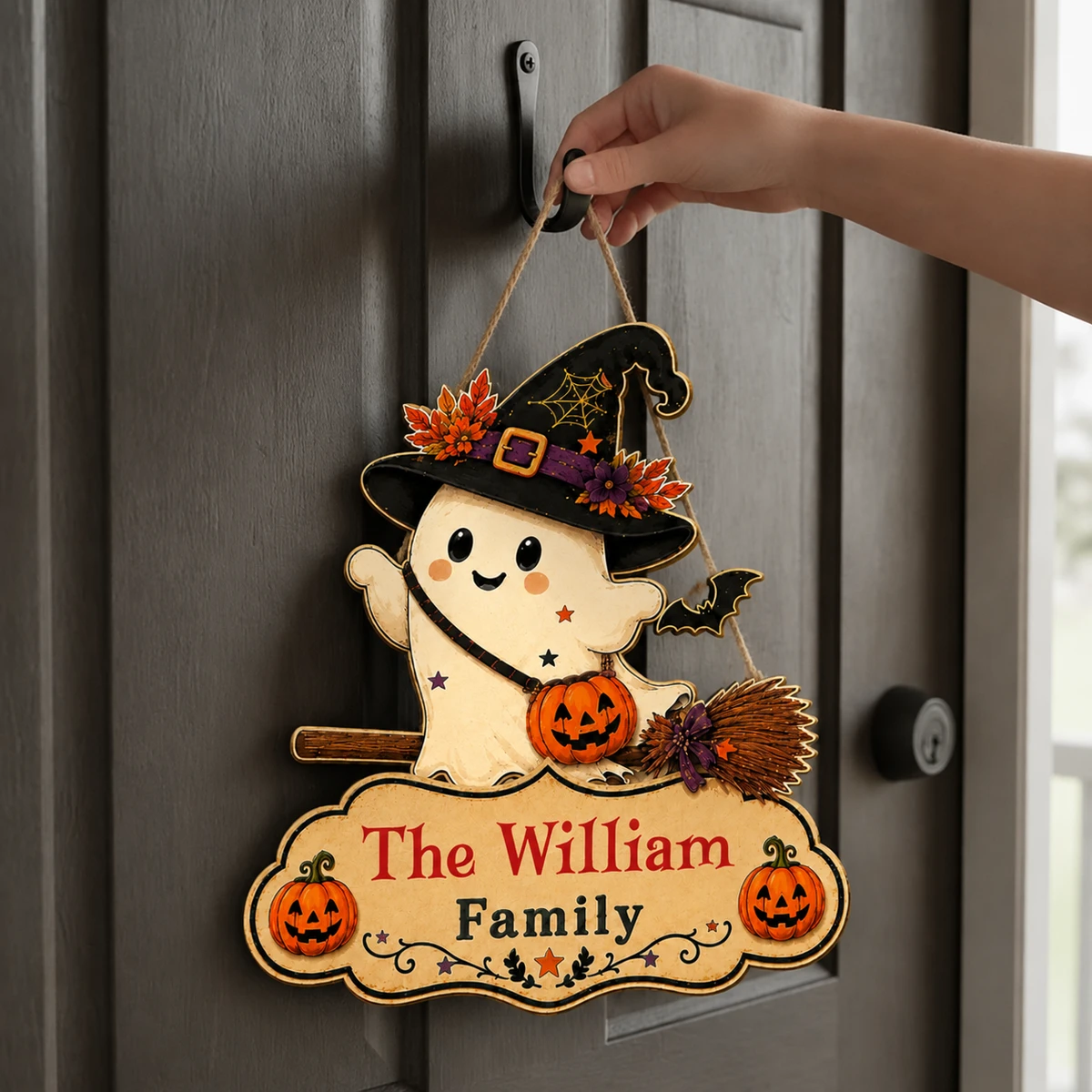 Custom Halloween Door Sign Personalized Family Name, Witch Ghost Welcome Plaque with Pumpkin, Broom & Bat Details, Front Door Wall Hanging Decor, Halloween Gift