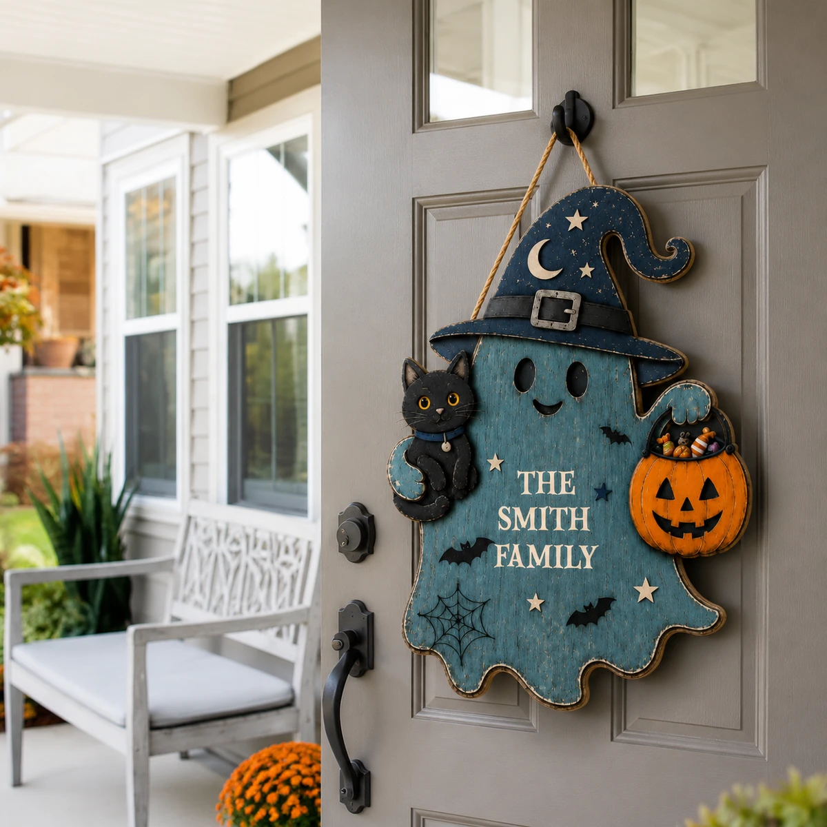 Personalized Ghost Halloween Door Hanger, Custom Family Name Wooden Sign with Witch Hat, Black Cat, Pumpkin & Spider Web Design, Cute Halloween Home Decor