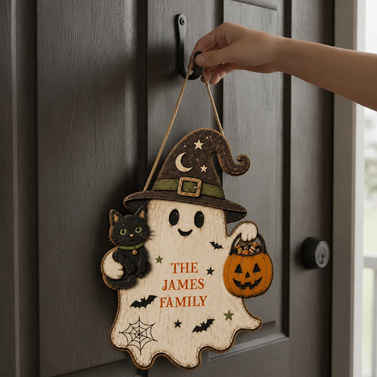 Personalized Ghost Halloween Door Hanger, Custom Family Name Wooden Sign with Witch Hat, Black Cat, Pumpkin & Spider Web Design, Cute Halloween Home Decor
