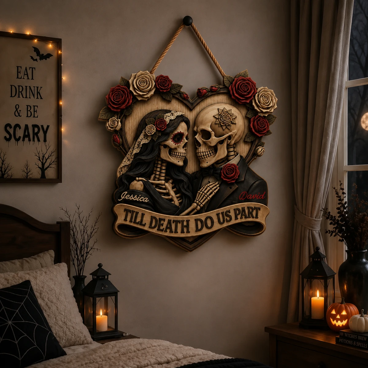 Personalized Halloween Door Sign Custom Names, Till Death Do Us Part Skeleton Couple Wedding Decor, Gothic Skull Rose Heart Wall Hanging, Romantic Spooky Front Door Decoration, Halloween Gift