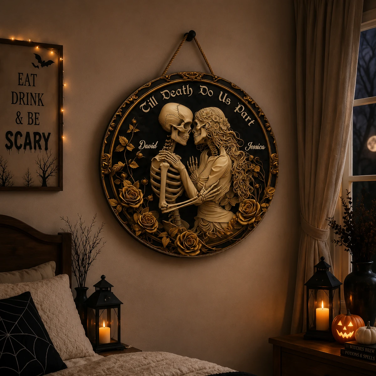 Custom Halloween Door Sign Personalized Names, Skeleton Couple Till Death Do Us Part Welcome Plaque, Gothic Rose Floral Decor, Front Door Wall Hanging Gift for Couples