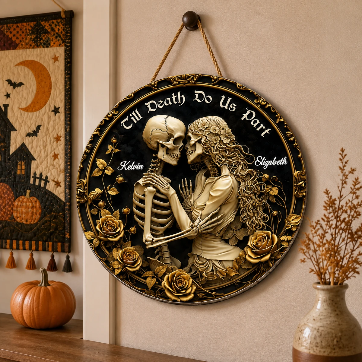 Custom Halloween Door Sign Personalized Names, Skeleton Couple Till Death Do Us Part Welcome Plaque, Gothic Rose Floral Decor, Front Door Wall Hanging Gift for Couples