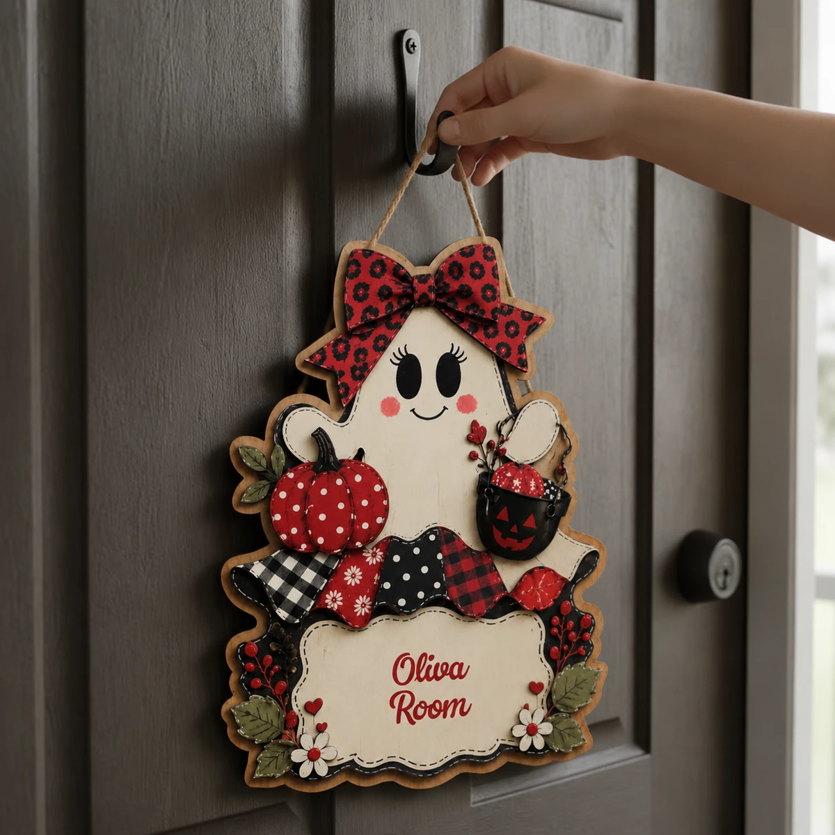 Custom Halloween Door Sign Personalized Text, Cute Ghost Girl Welcome Plaque with Pumpkin, Leopard Bow, Fall Flowers & Halloween Patterns, Home Decor Gift