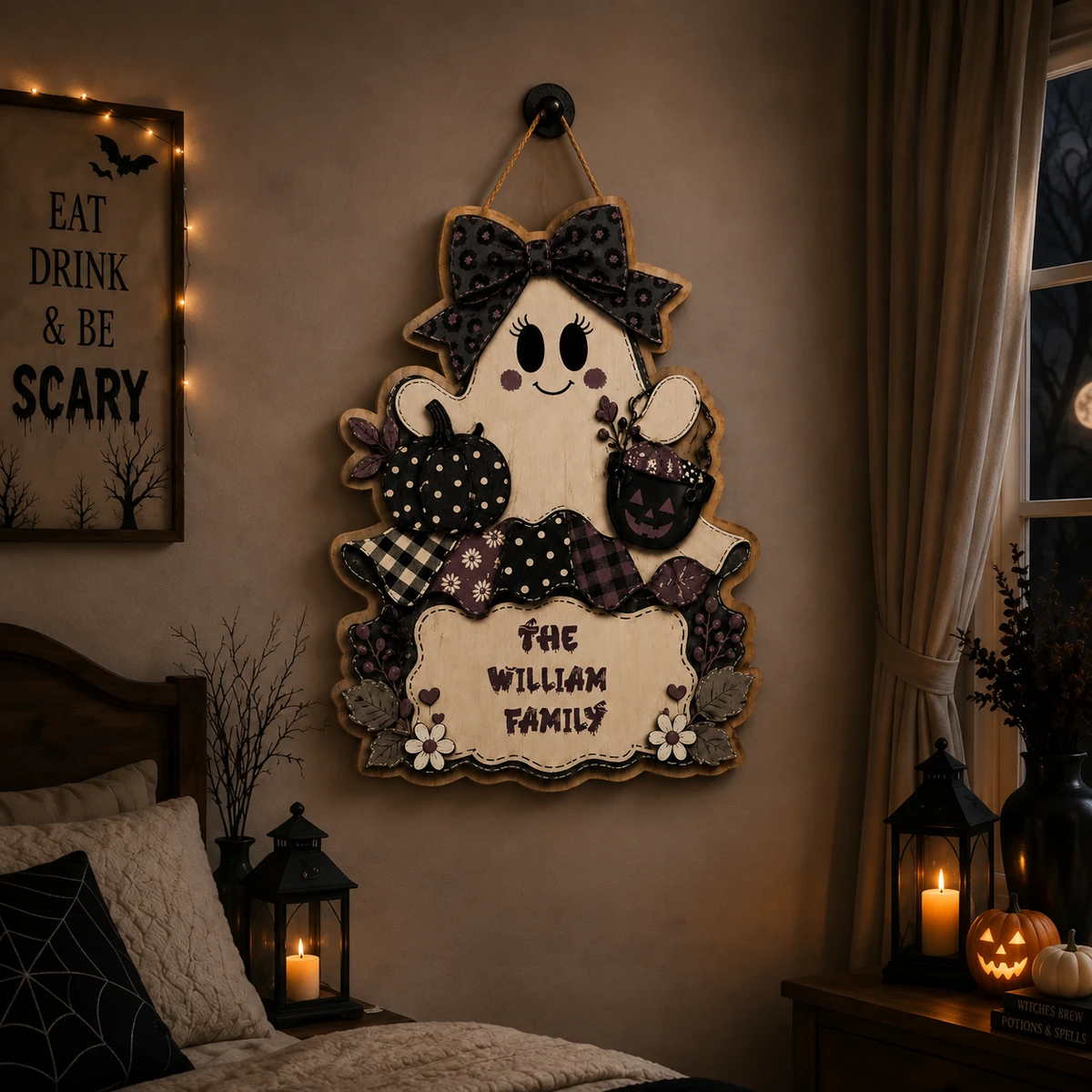 Custom Halloween Door Sign Personalized Text, Cute Ghost Girl Welcome Plaque with Pumpkin, Leopard Bow, Fall Flowers & Halloween Patterns, Home Decor Gift
