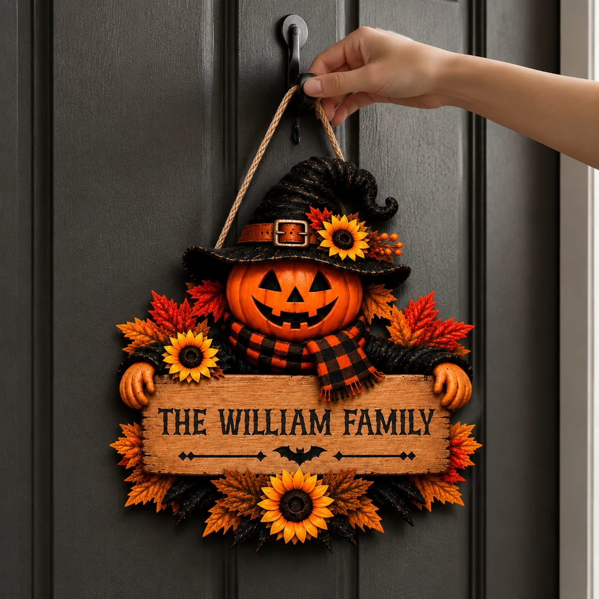 Personalized Pumpkin Halloween Door Hanger, Custom Family Name Sign with Witch Hat Pumpkin, Fall Flowers & Autumn Leaf Design, Rustic Halloween Home Decor
