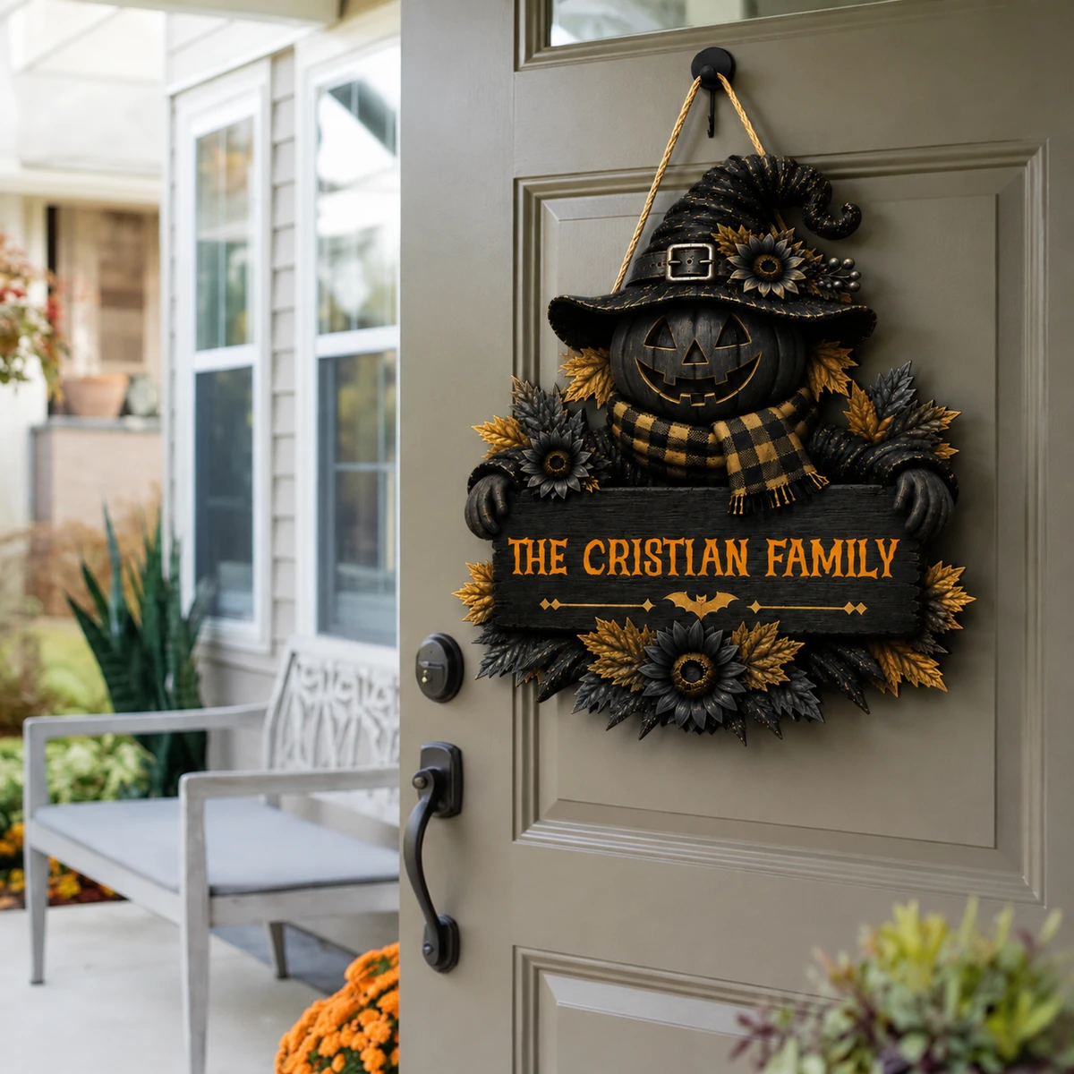 Personalized Pumpkin Halloween Door Hanger, Custom Family Name Sign with Witch Hat Pumpkin, Fall Flowers & Autumn Leaf Design, Rustic Halloween Home Decor