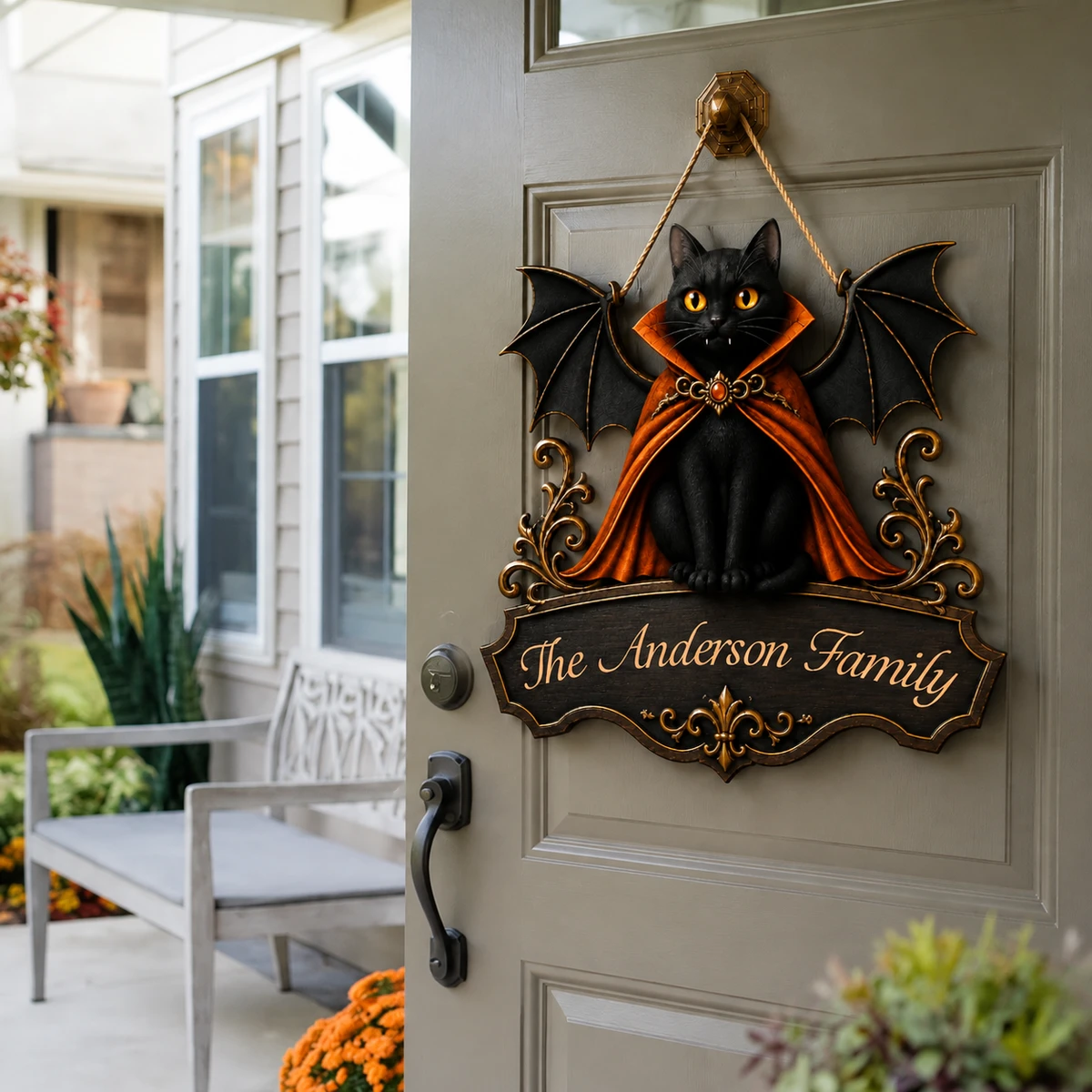 Personalized Halloween Door Sign Custom Family Name, Black Cat Vampire Bat Welcome Sign, Gothic Red Cape Cat Wall Decor, Spooky Front Door Hanging Decoration, Halloween Gift for Family