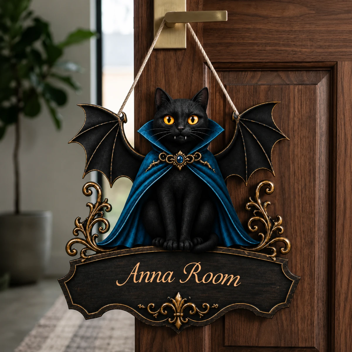 Personalized Halloween Door Sign Custom Family Name, Black Cat Vampire Bat Welcome Sign, Gothic Red Cape Cat Wall Decor, Spooky Front Door Hanging Decoration, Halloween Gift for Family