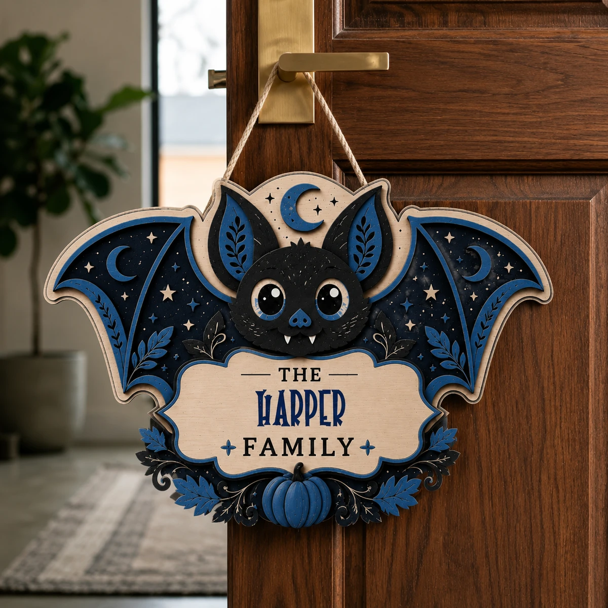 Personalized Bat Halloween Door Hanger, Custom Family Name Sign with Black Bat, Orange Moon, Stars & Pumpkin Design, Gothic Halloween Home Decor Gift