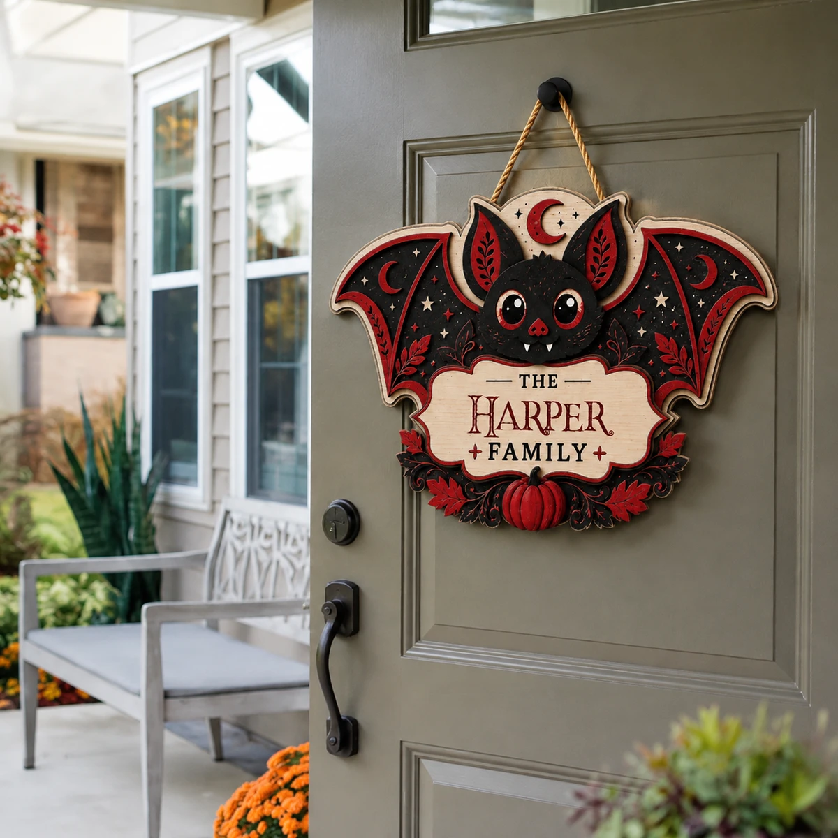 Personalized Bat Halloween Door Hanger, Custom Family Name Sign with Black Bat, Orange Moon, Stars & Pumpkin Design, Gothic Halloween Home Decor Gift
