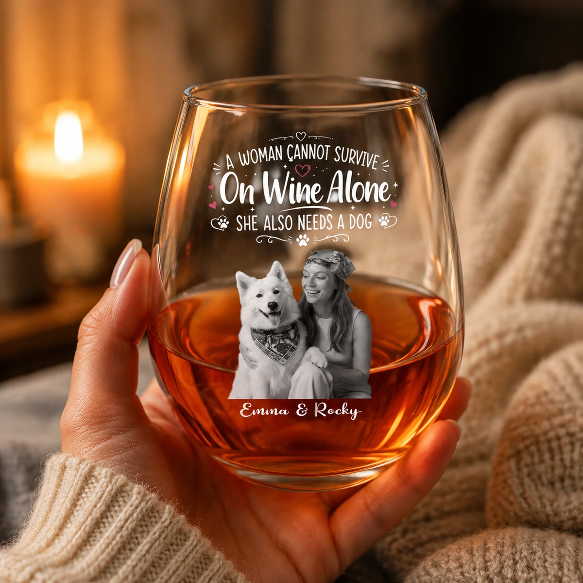 Custom Photo Pencil Sketch Pet Portrait A Woman & Her Dog - Personalized Stemless Wine Glass