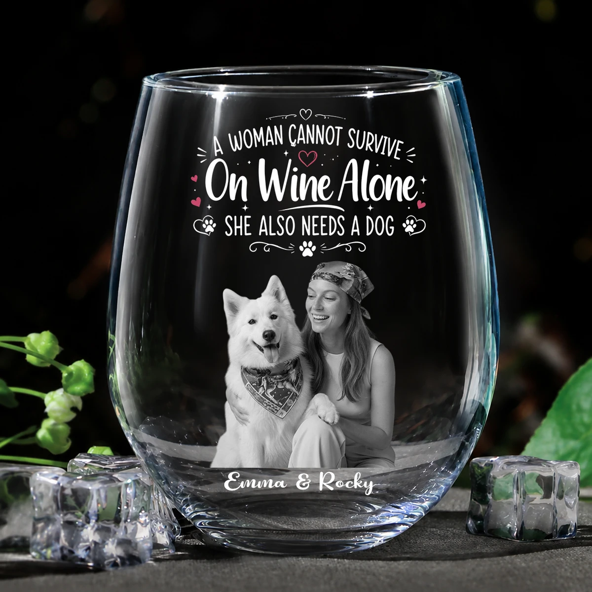 Custom Photo Pencil Sketch Pet Portrait A Woman & Her Dog - Personalized Stemless Wine Glass