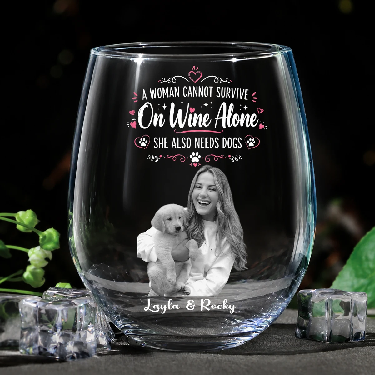 Custom Photo Pencil Sketch Pet Portrait A Woman & Her Dog - Personalized Stemless Wine Glass