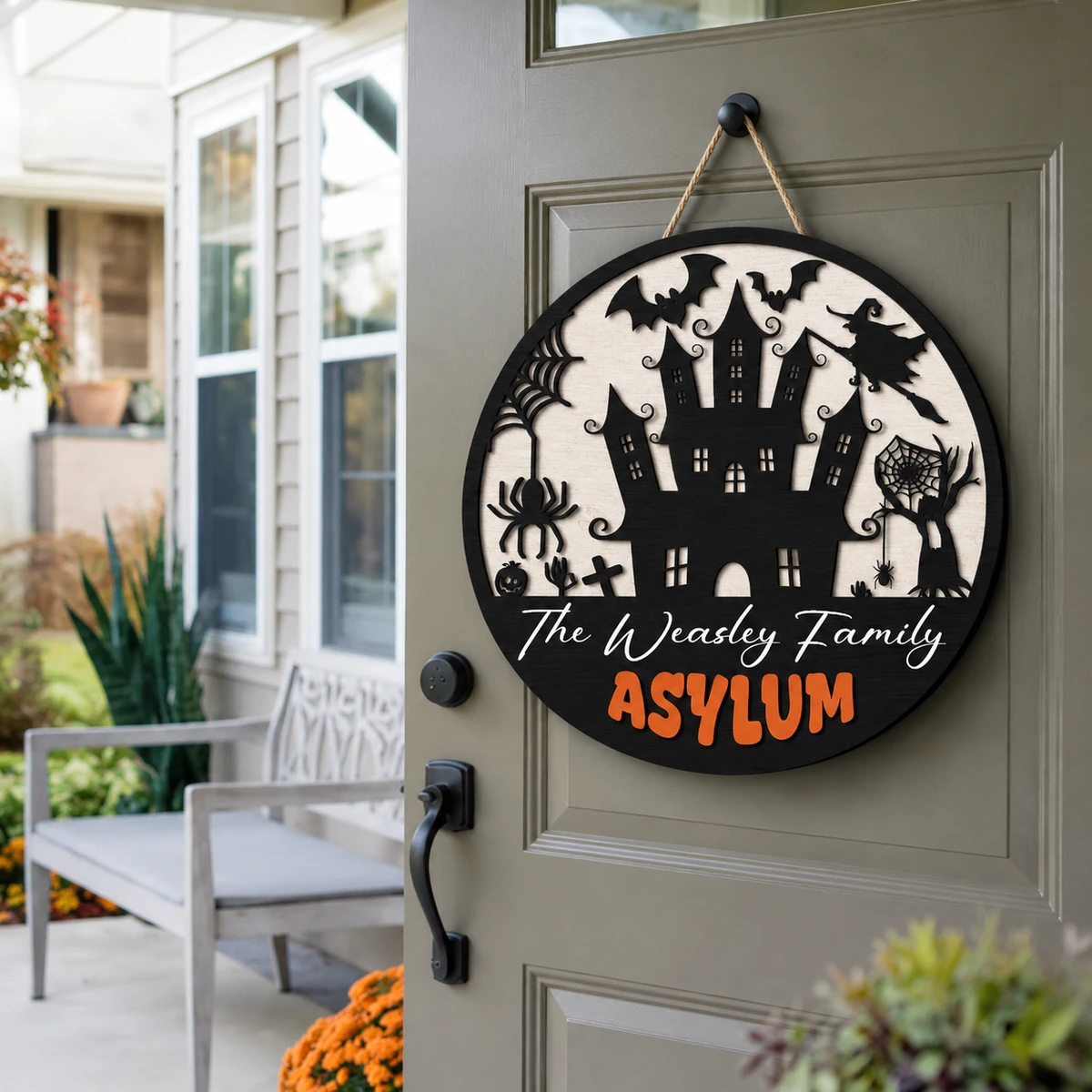 Custom Family Halloween Door Sign, Personalized Haunted House Name Plaque, Spooky Asylum Hanging Decor, Unique Halloween Home Gift