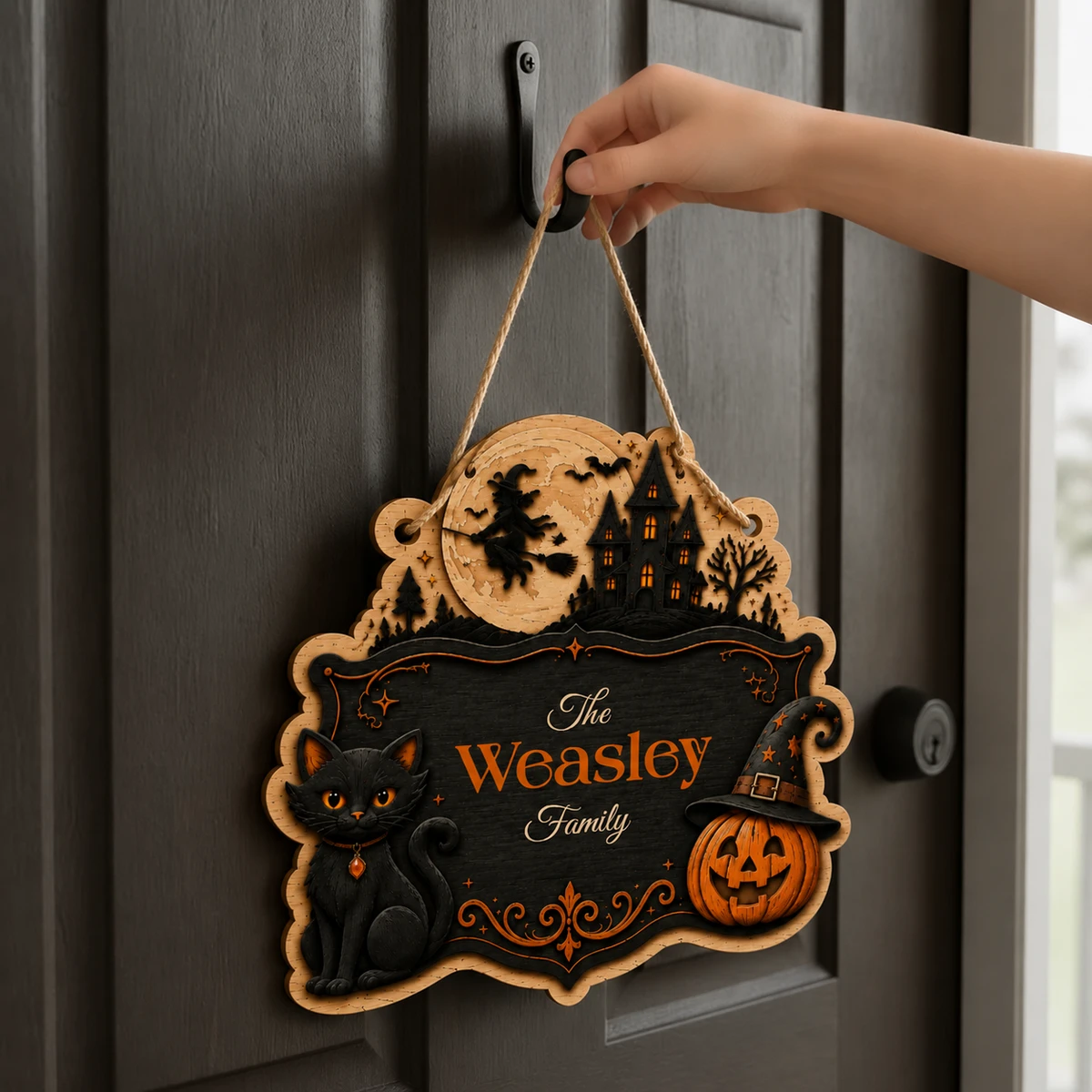 Personalized Halloween Door Sign, Custom Family Name Haunted House Plaque, Black Cat Pumpkin Witch Decor, Gothic Home Entrance Gift