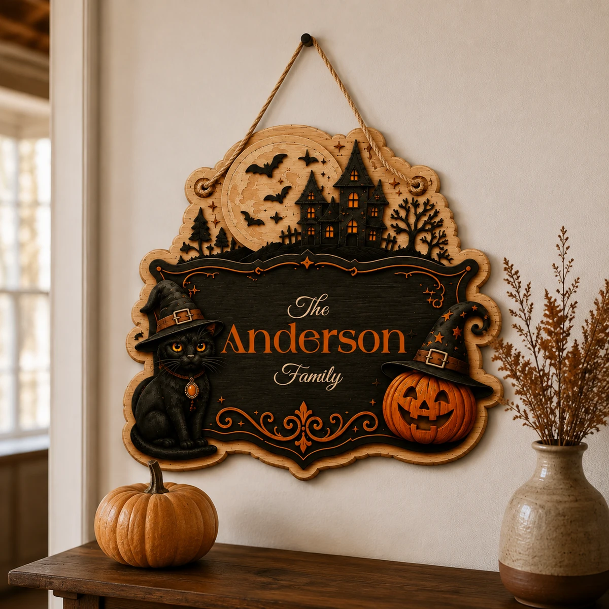 Personalized Halloween Door Sign, Custom Family Name Haunted House Plaque, Black Cat Pumpkin Witch Decor, Gothic Home Entrance Gift