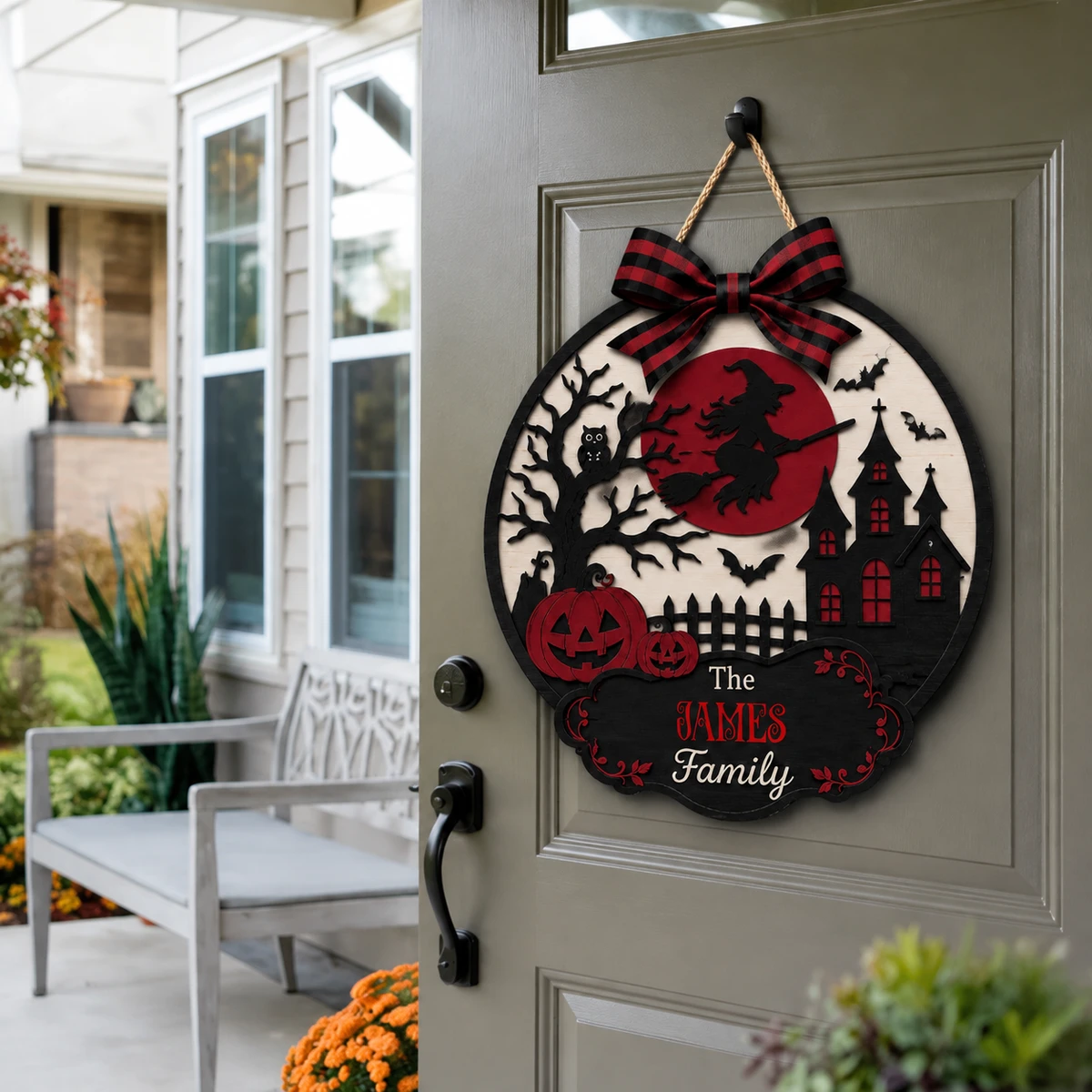 Personalized Witchy Halloween Family Sign, Custom Name Haunted Village Door Decor, Pumpkin Bat Castle Plaque, Unique Halloween Gift