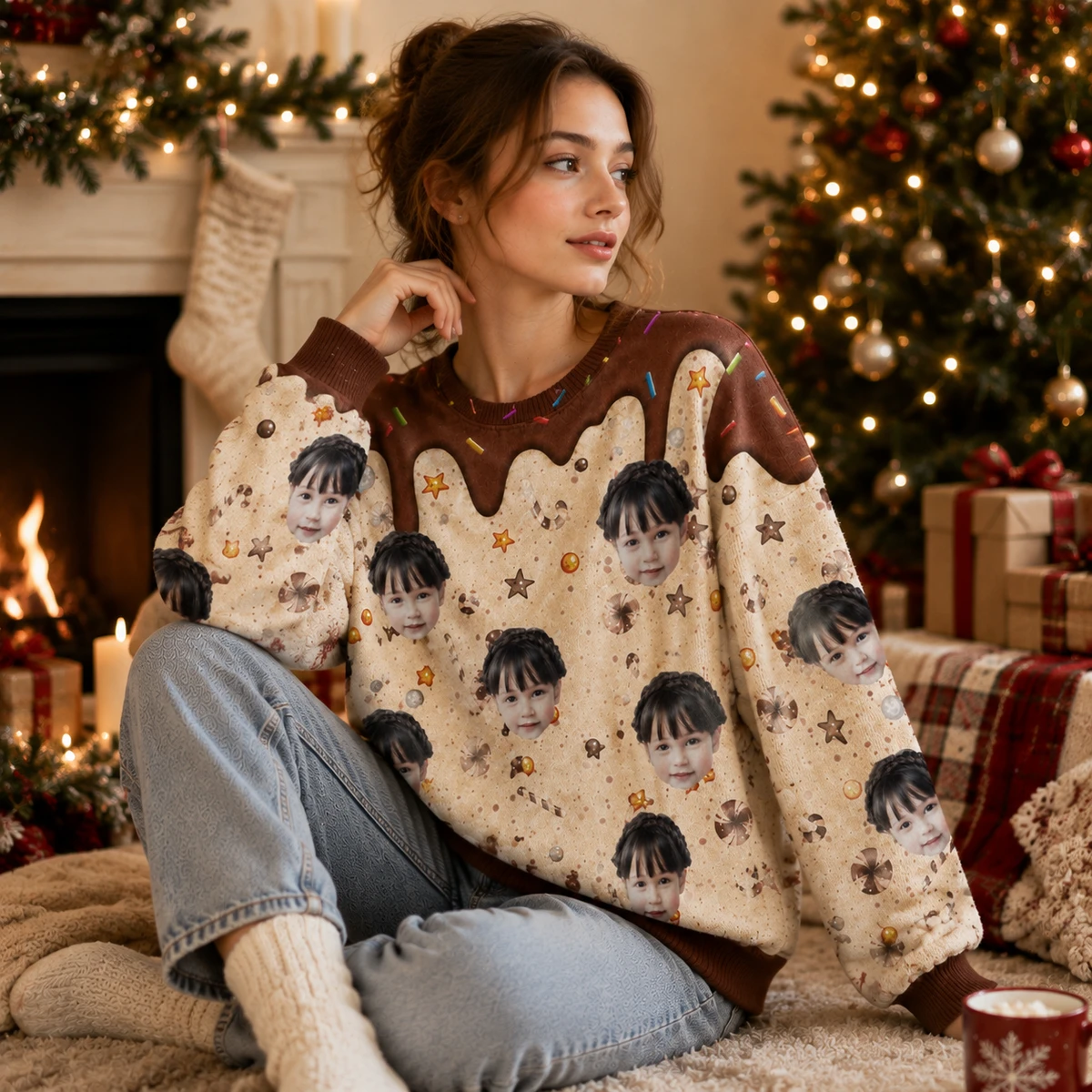 Personalized Custom Face Christmas Ugly Sweatshirt Candy Theme Holiday Gift