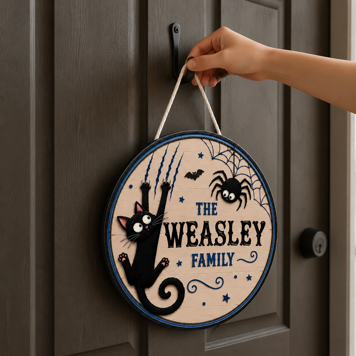 Personalized Halloween Door Sign, Custom Family Name Black Cat Spider Decor, Spooky Web Hanging Plaque, Gothic Halloween Home Gift