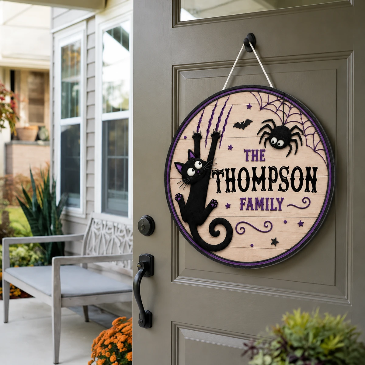 Personalized Halloween Door Sign, Custom Family Name Black Cat Spider Decor, Spooky Web Hanging Plaque, Gothic Halloween Home Gift