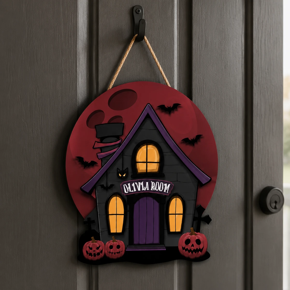 Custom Family Halloween Door Hanger, Personalized Haunted House Name Sign, Witchy Cottage Moon Decor, Pumpkin Bat Spooky Home Gift