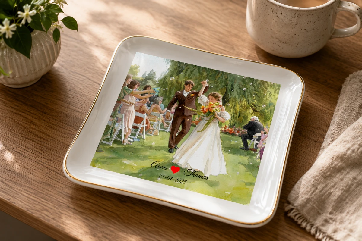 Custom Photo Watercolor Painting Couples Anniversary Gift - Personalized Ring Dish