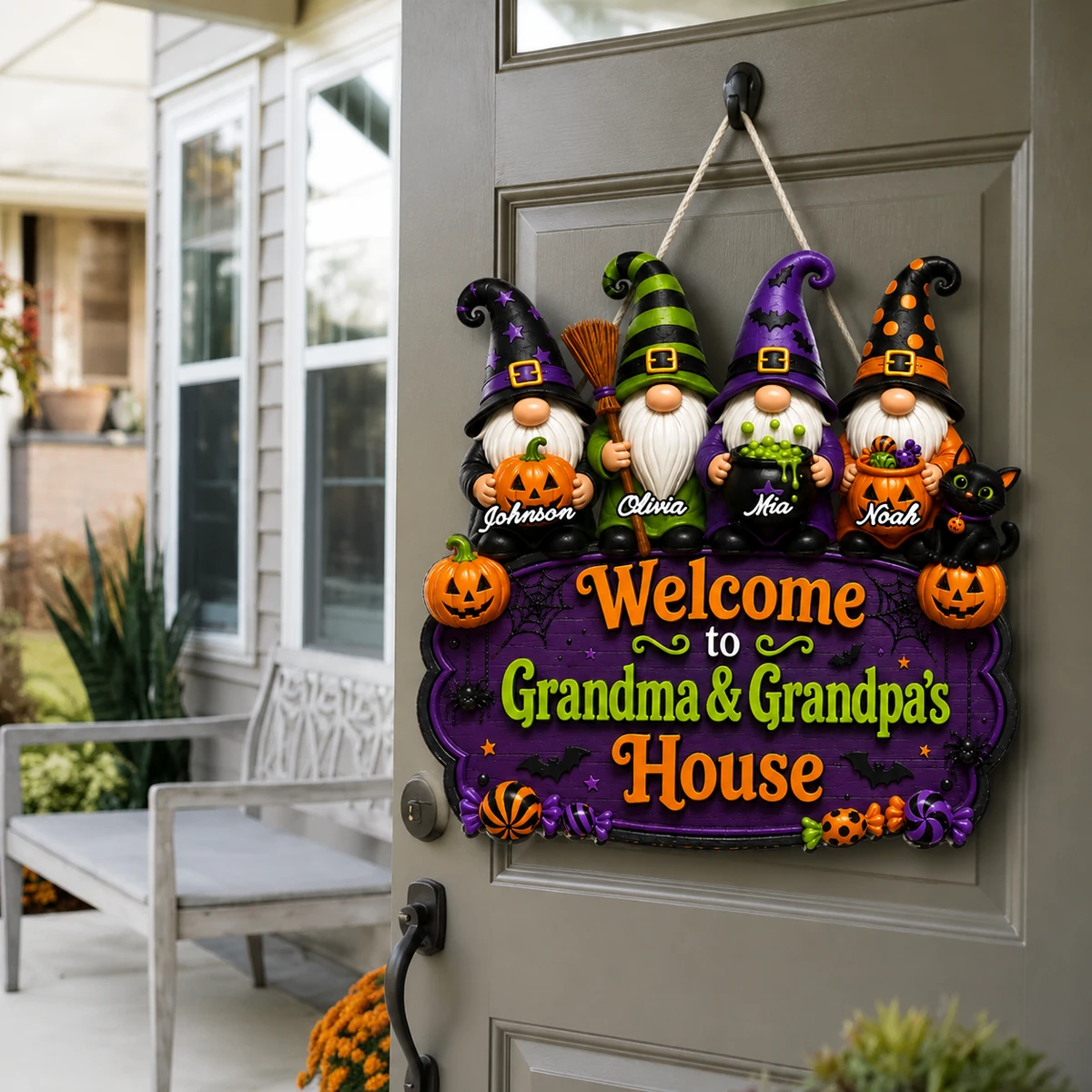 Personalized Halloween Grandma & Grandpa Door Sign, Custom Grandparents Name Plaque, Gnome Witch Family Decor, Spooky Welcome Home Gift