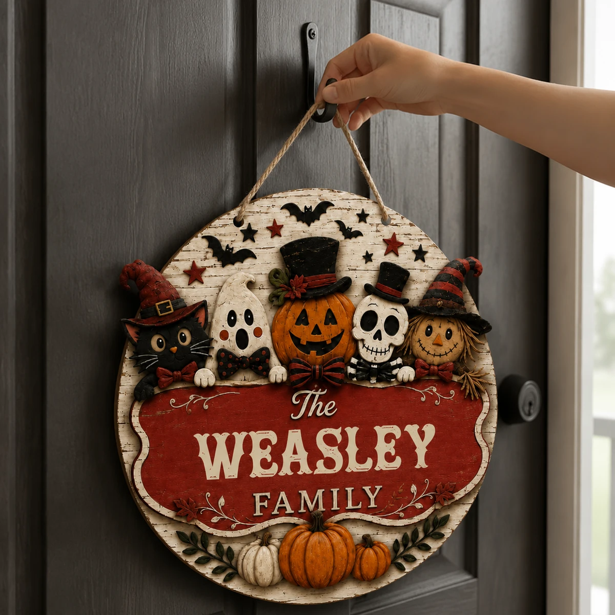 Custom Family Halloween Door Hanger, Personalized Name Pumpkin Sign, Black Cat Ghost Skeleton Witch Decor, Rustic Fall Home Decoration
