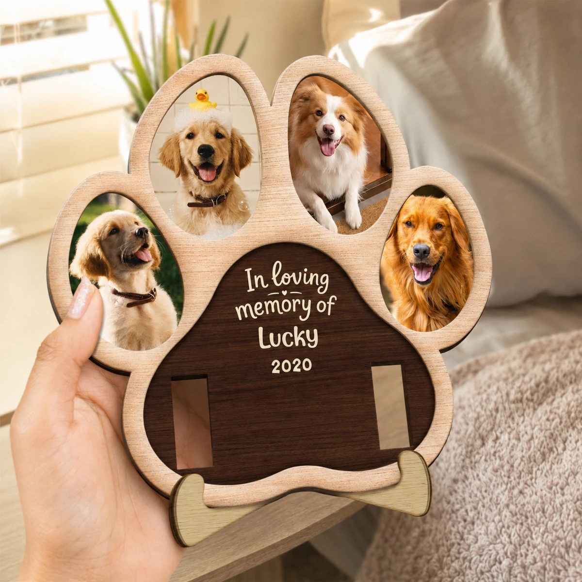 Custom Photo Paw Shape In Loving Memory - Memorial Gift For Dog Lover, Cat Mom, Pet Loss - Personalized 2-Layered Wooden Plaque With Stand