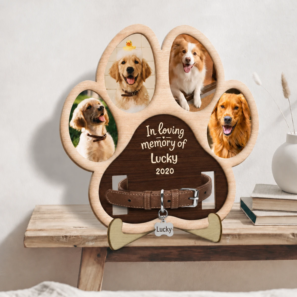 Custom Photo Paw Shape In Loving Memory - Memorial Gift For Dog Lover, Cat Mom, Pet Loss - Personalized 2-Layered Wooden Plaque With Stand