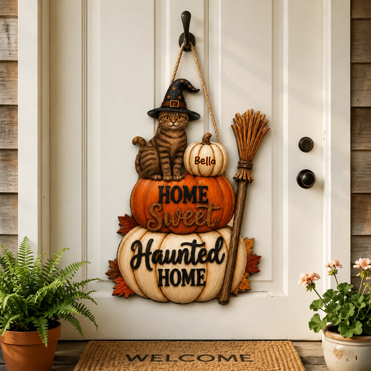 Personalized Cat Halloween Door Sign, Custom Cat Name Pumpkin Door Hanger, Black Cat Witch Hat Decor, Pet Lover Gift, Spooky Home Decoration