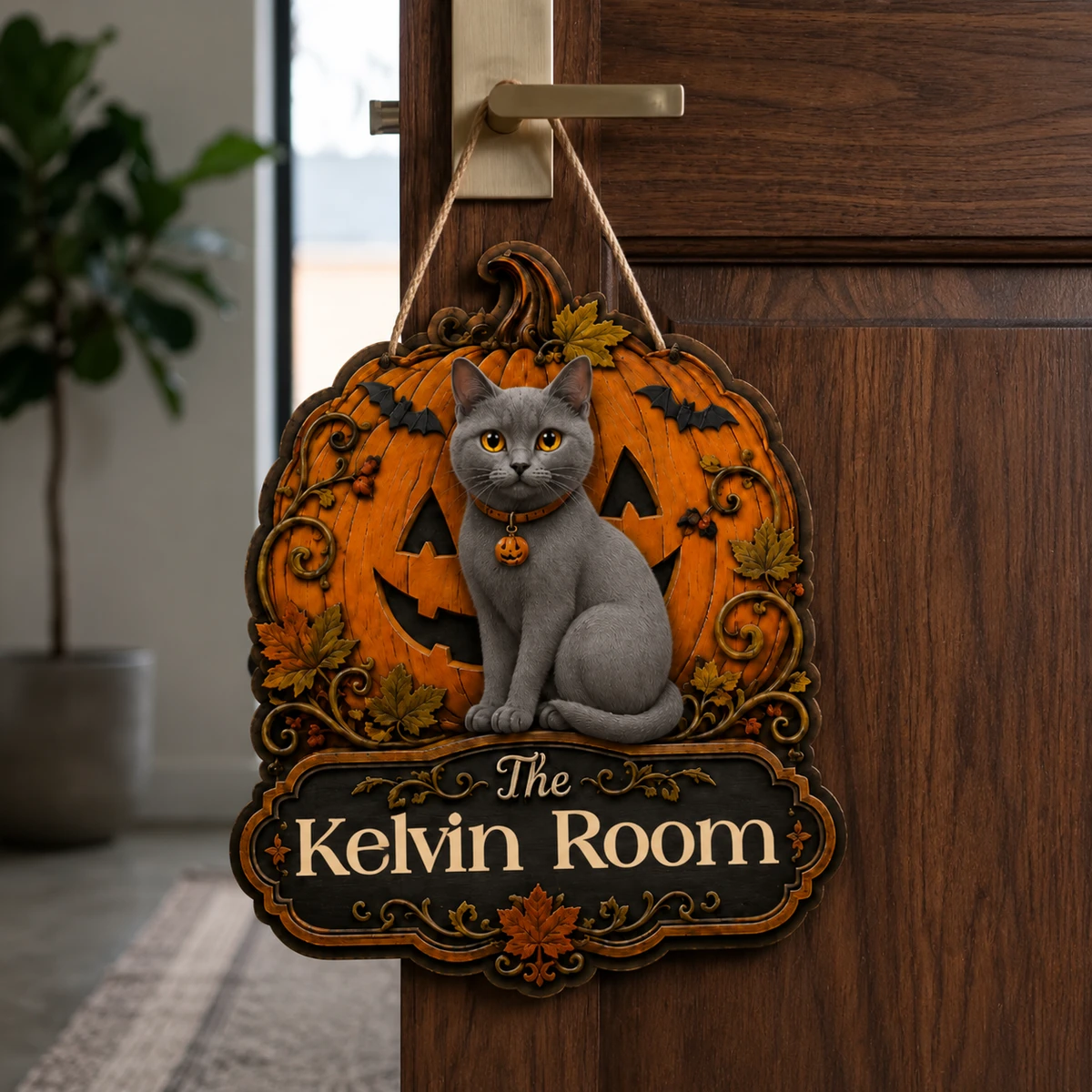 Personalized Orange Cat Halloween Sign, Custom Family Name Door Plaque, Pumpkin & Pet Memorial Style Decor, Unique Cat Lover Gift