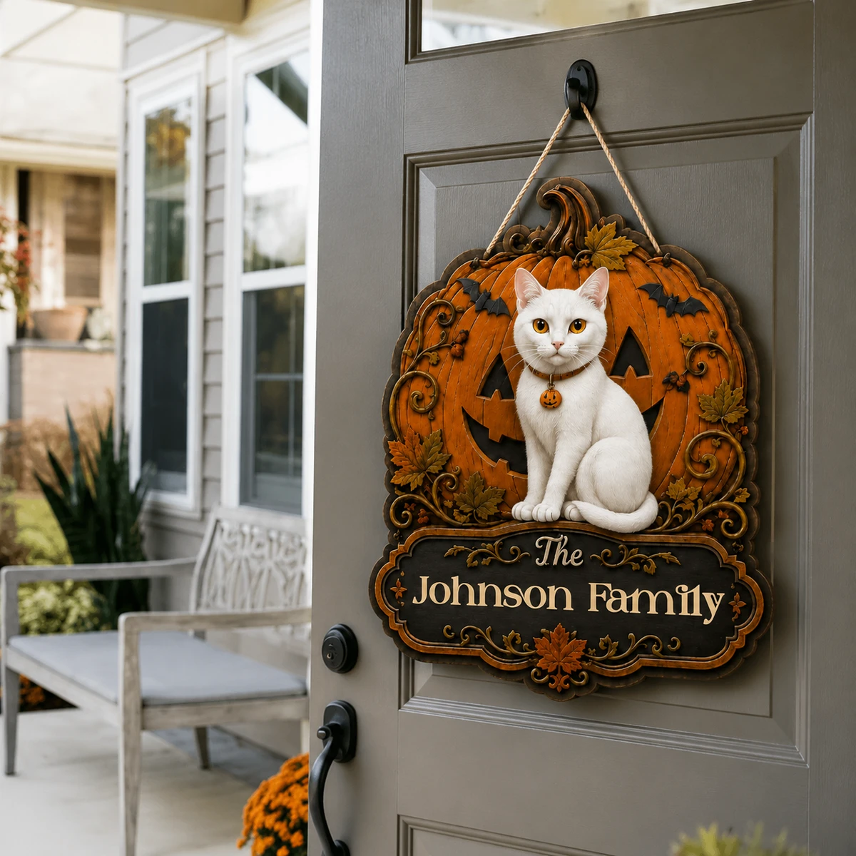 Personalized Orange Cat Halloween Sign, Custom Family Name Door Plaque, Pumpkin & Pet Memorial Style Decor, Unique Cat Lover Gift