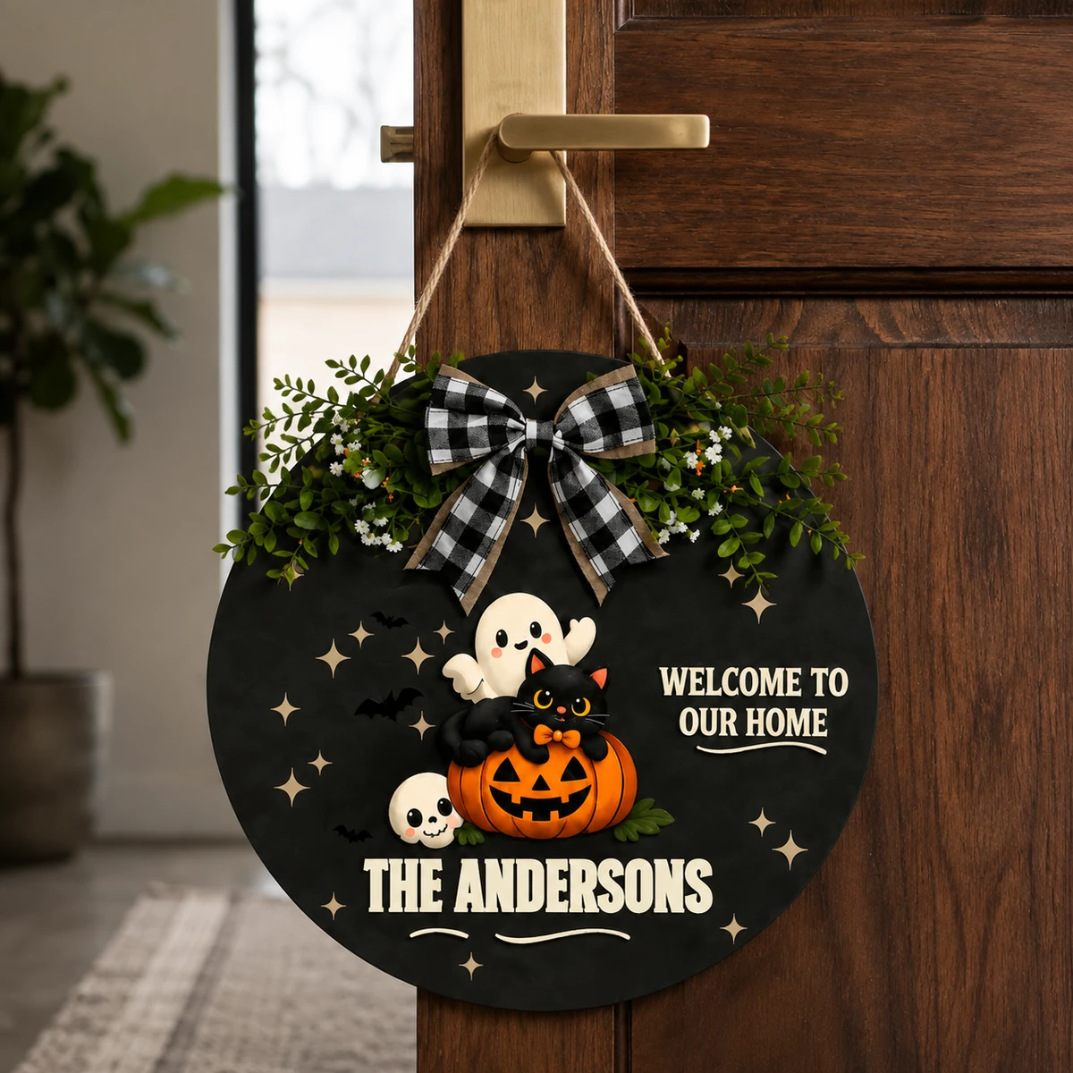 Custom Family Halloween Door Hanger, Personalized Name Ghost Cat Sign, Pumpkin Welcome Home Decor, Spooky Cute Autumn Decoration Gift