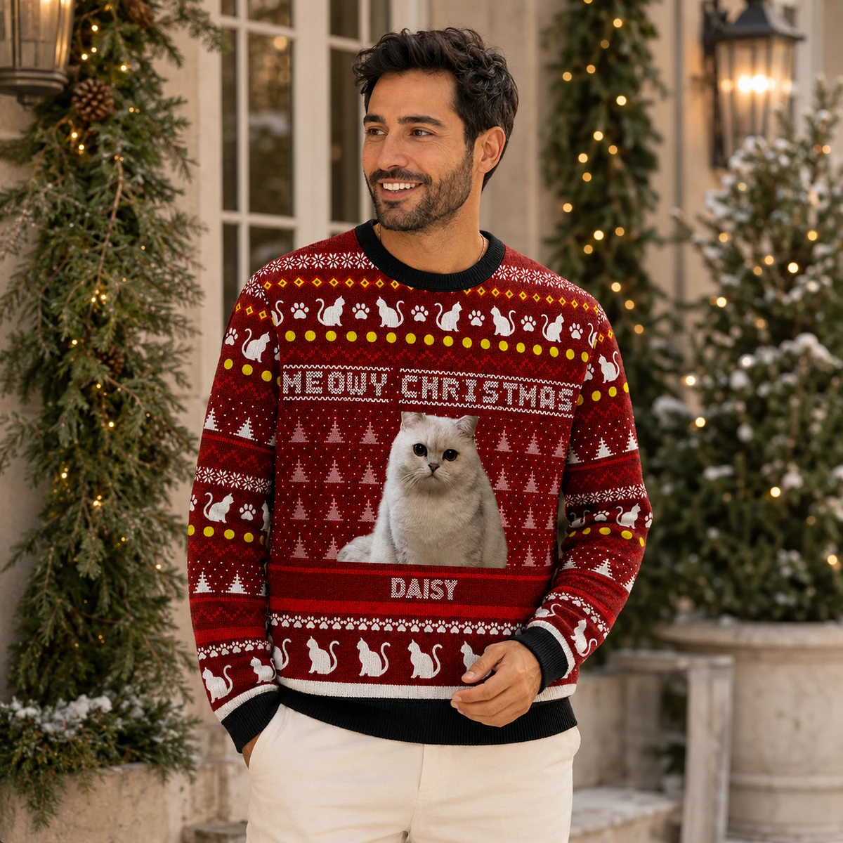 Custom Portrait and Name Cat Ugly Christmas Sweater