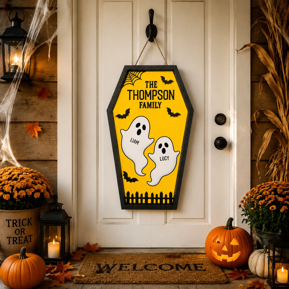 Our Haunted Family Personalized Halloween Sign, Custom Names Ghost Door Decor, Bat Spider Web Plaque, Fun Family Halloween Decoration