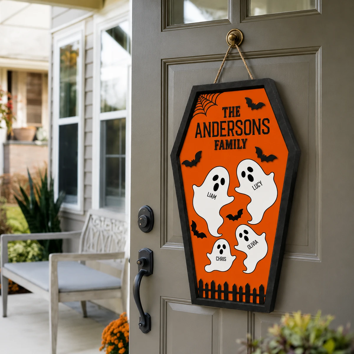 Our Haunted Family Personalized Halloween Sign, Custom Names Ghost Door Decor, Bat Spider Web Plaque, Fun Family Halloween Decoration