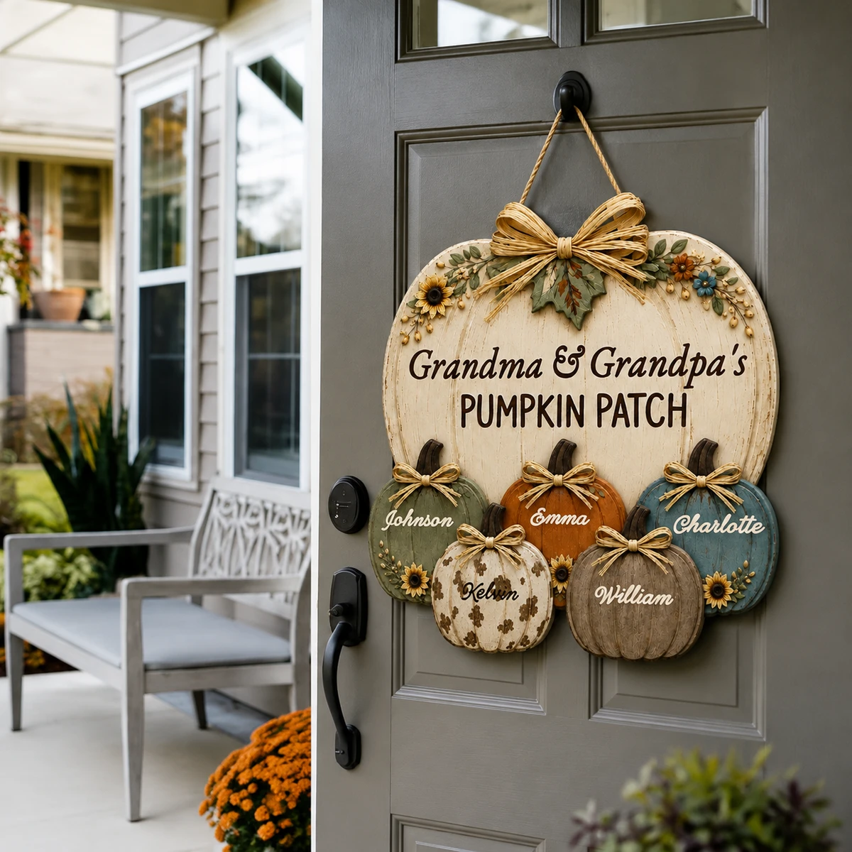 Our Family Pumpkin Patch Personalized Door Sign, Custom Title & Names Hanging Plaque, Rustic Thanksgiving Halloween Decor, Family Gift
