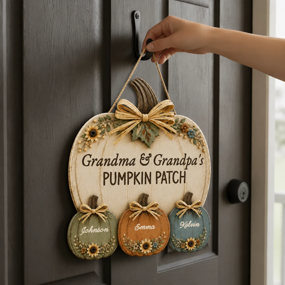 Our Family Pumpkin Patch Personalized Door Sign, Custom Title & Names Hanging Plaque, Rustic Thanksgiving Halloween Decor, Family Gift