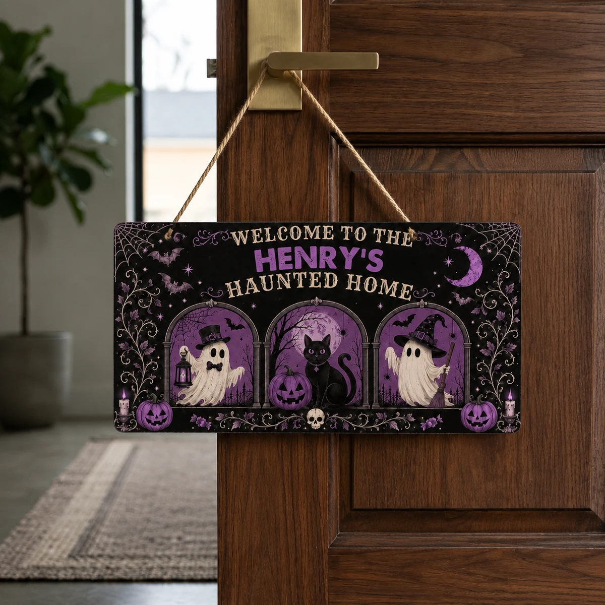 Personalized Halloween Haunted Home Door Sign, Custom Family Name Spooky Mansion Plaque, Ghost Cat Pumpkin Decor, Gothic Front Door Gift