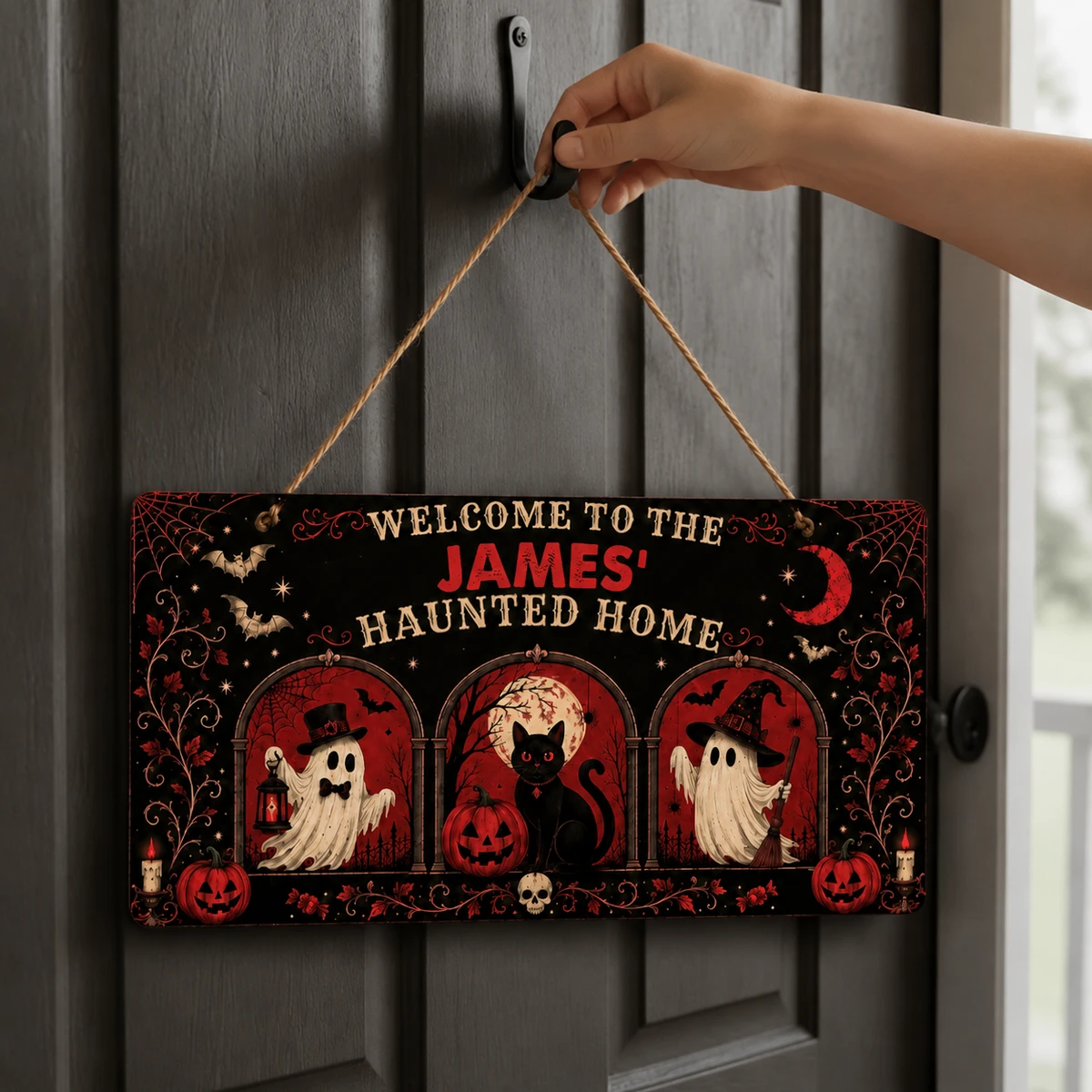 Personalized Halloween Haunted Home Door Sign, Custom Family Name Spooky Mansion Plaque, Ghost Cat Pumpkin Decor, Gothic Front Door Gift