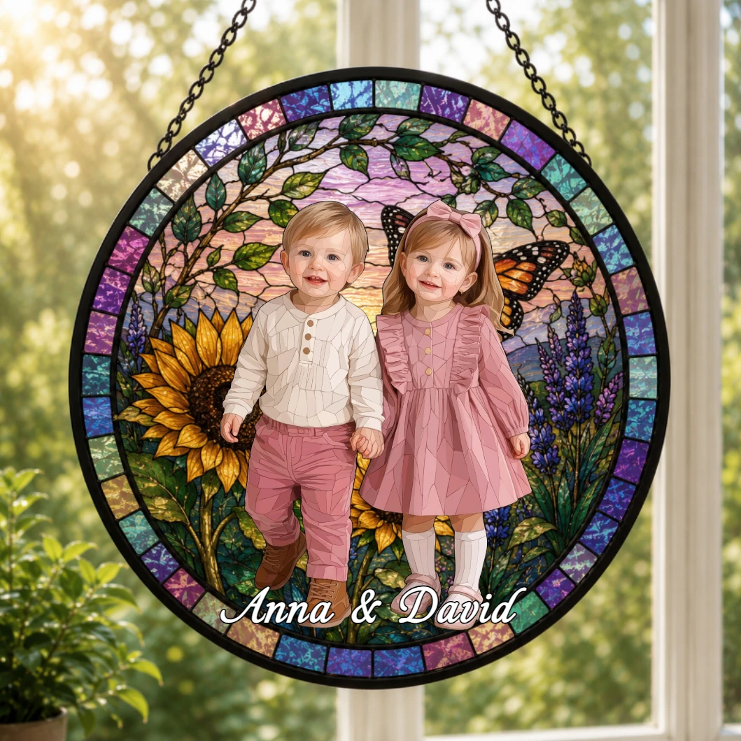 Custom Photo Portrait Family - Personalized Stained Glass Window Hanging Suncatcher